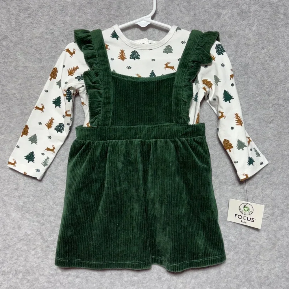 FOCUS Kids Baby Girl 18M Organic Cotton Woodland Creature Bodysuit Dress Green